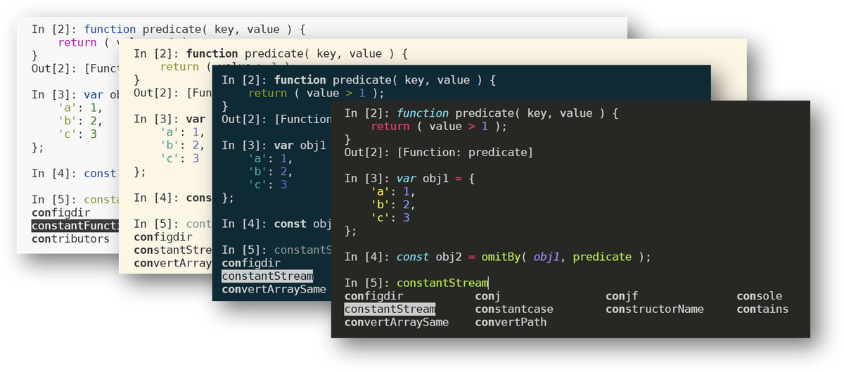 A showcase of multiple syntax highlighting themes when each is enabled in the REPL