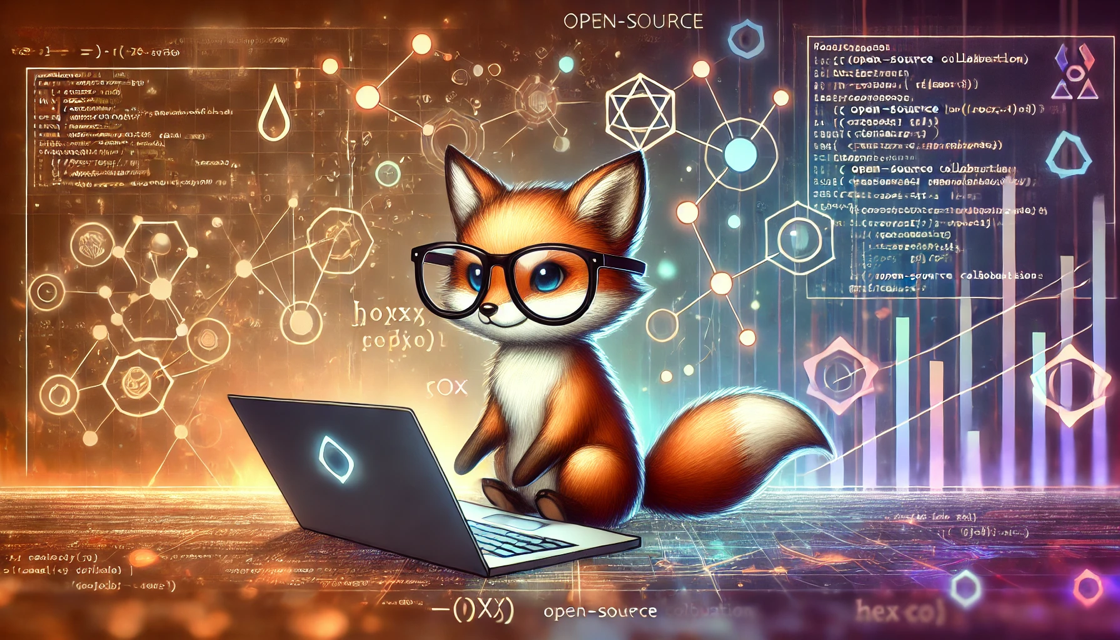 A futuristic fox wearing glasses, sitting at a sleek laptop with glowing code on the screen.