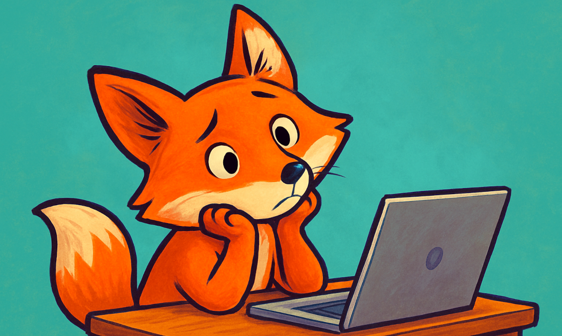 A cartoon fox looking confused while sitting at a wooden desk and staring at a laptop screen.