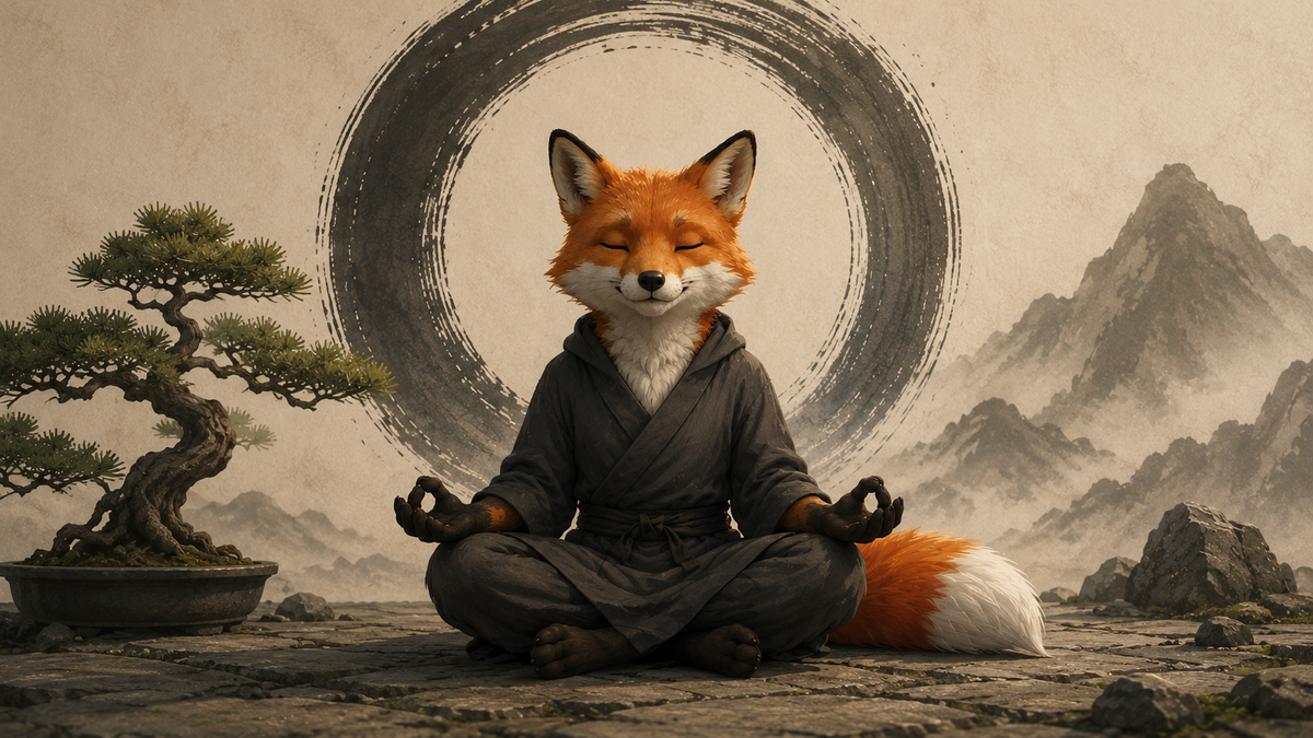 A fox sitting in a lotus position, with eyes closed, meditating.