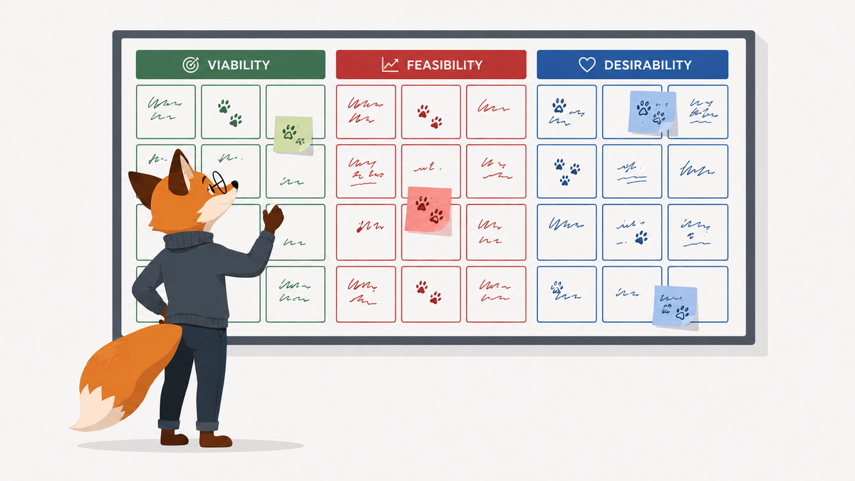 Cartoon fox standing in front of a post-it board representing the open-source ecosystem canvas.