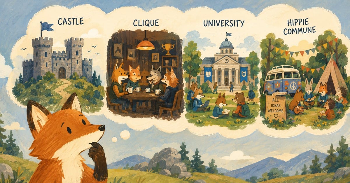 A fox on a hillside thinks of four open-source project shapes: castle, clique, university, and hippie commune.