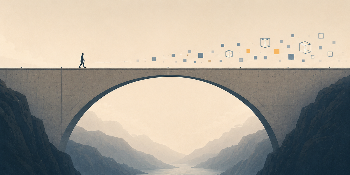Silhouette of a person walking across a misty bridge toward abstract shapes
