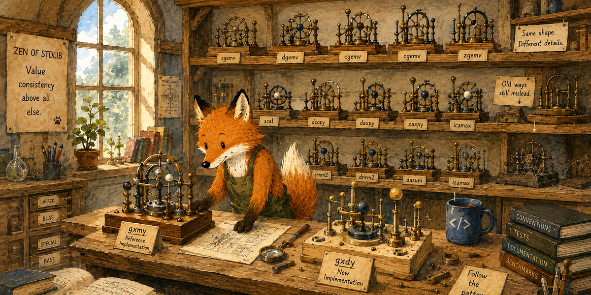 A fox standing behind a workbench in a workshop with rows of small, closely related wooden machines on the shelves behind.