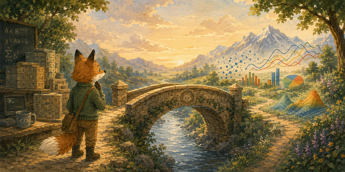 A fox stands beside numerical data, looking across a stone bridge toward a landscape of data visualizations.