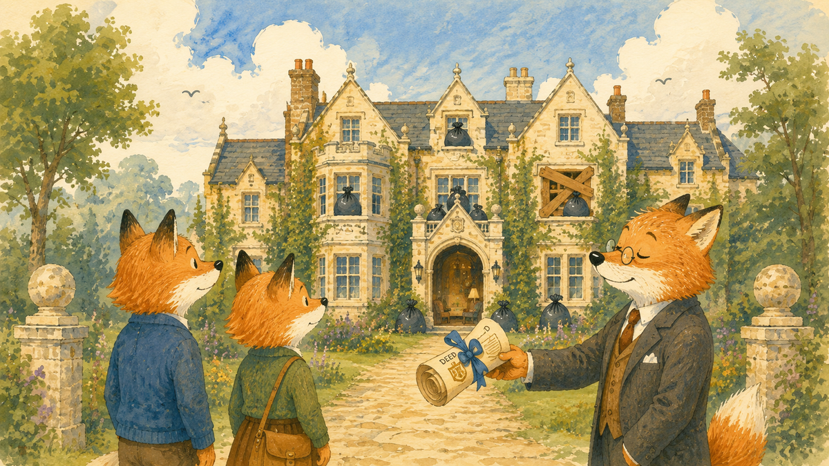 A pair of foxes receive the deed to a manor which is boarded up and filled with rubbish as part of their inheritance.