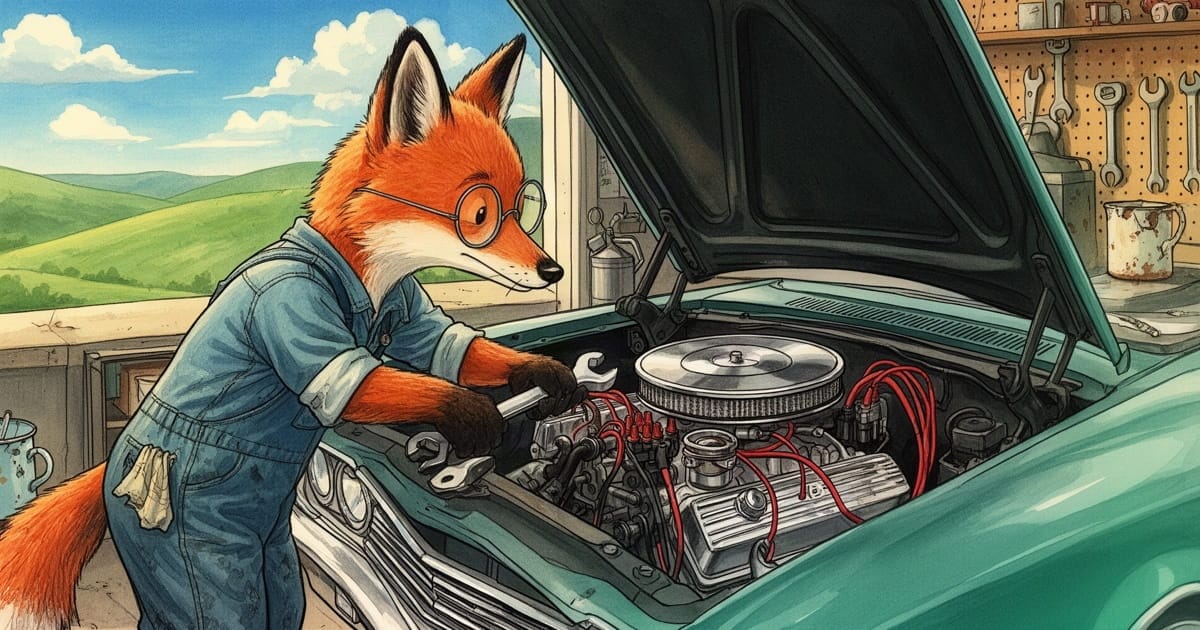 A fox in overalls works on a vintage car's V8 engine, wrench in hand, green hills through the shop window.